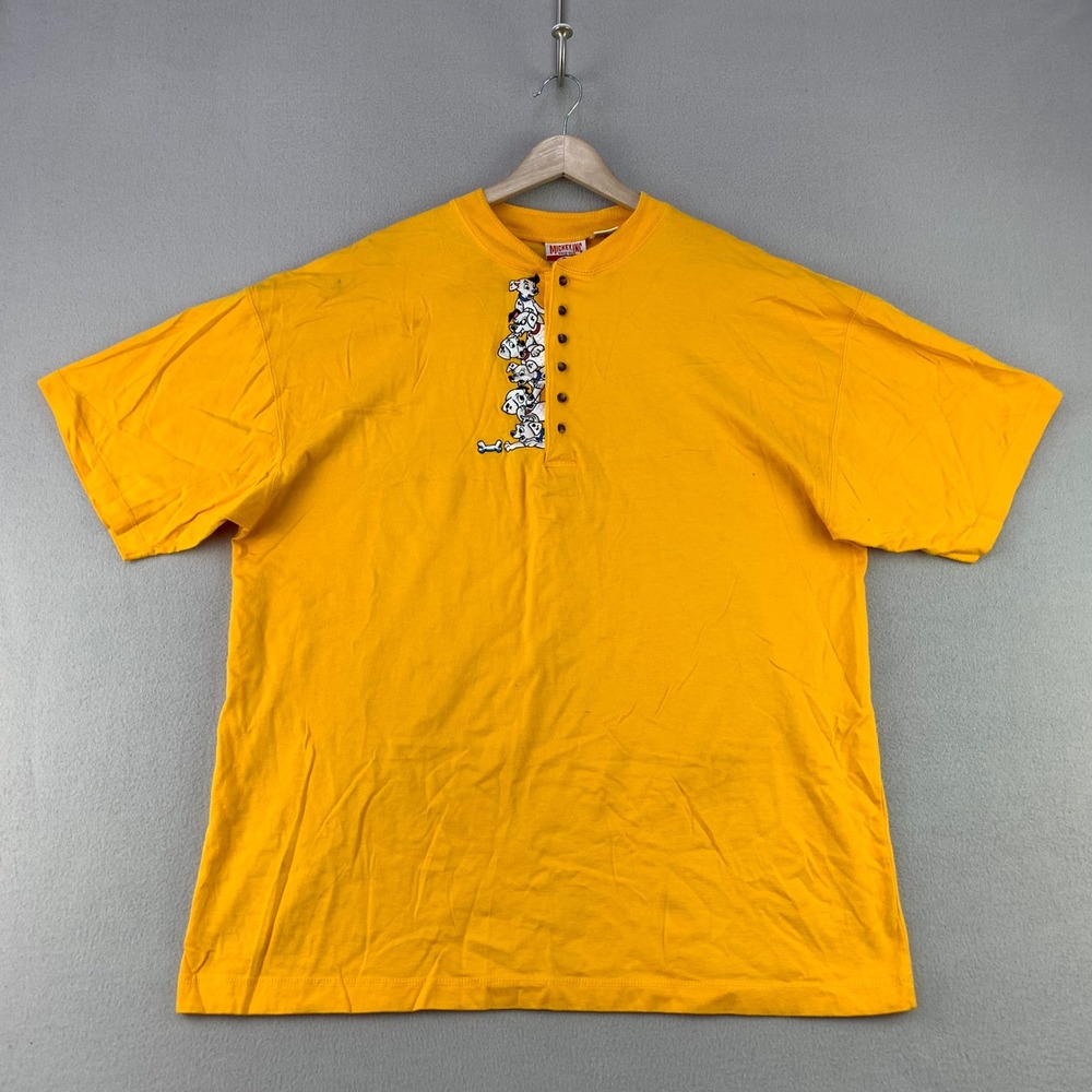 Vintage 90s Mickey Inc 101 Dalmatians Henley T-Shirt Mens L/XL Yellow Disney Dog